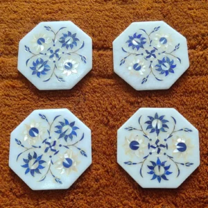 Lapis White Marble Inlay Coaster Set of 4 Inlay with Semiprecious Stones.