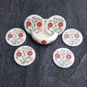 White Marble Coaster Set Carnelian Stone Inlay Floral Design Home Decor Gift Art Item