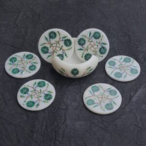 White Marble Malachite Inlay Coaster Set Floral Craft Gift Item