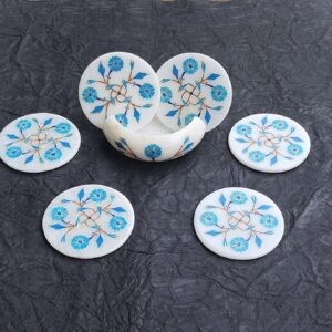 Handmade White Marble Turquoise Inlay Coaster Set