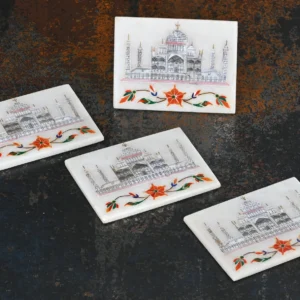 Taj Mahal Inlay Coaster Set | Marble Inlay Coaster Set | Coaster Set For Home & Kitchen