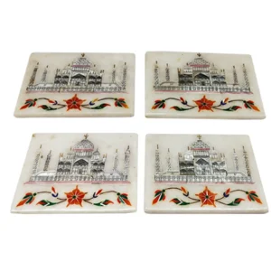 Taj Mahal Inlay Coaster Set | Marble Inlay Coaster Set | Coaster Set For Home & Kitchen