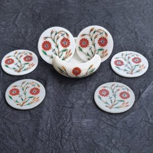 White Marble Coaster Set Carnelian Stone Inlay Floral Design Home Decor Gift Art Item