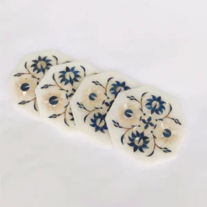 Lapis White Marble Inlay Coaster Set of 4 Inlay with Semiprecious Stones.