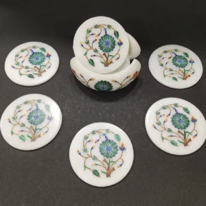 White Marble Tea Coaster Set Inlay with Semiprecious Stones Floral Design