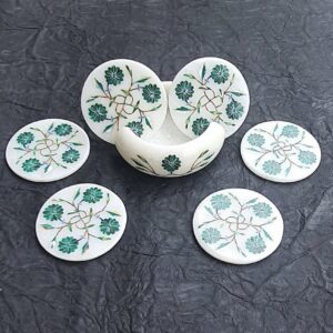 White Marble Malachite Inlay Coaster Set Floral Craft Gift Item