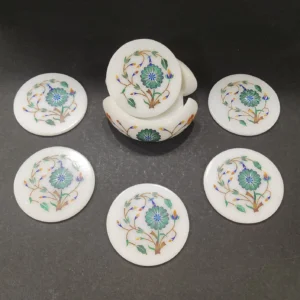 White Marble Tea Coaster Set Inlay with Semiprecious Stones Floral Design