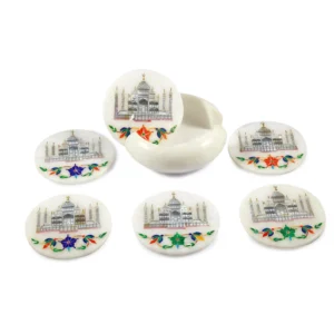 Taj Mahal Inlay Coaster Set | Handmade White Marble Coaster | Inlaid With Semi Precious Gemstones