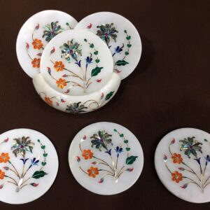 White Marble Inlay Tea Coaster Set Inlaid Semi Precious Stones Home Decor