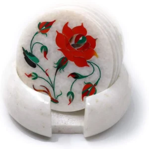 Marble Coaster Set Handmade Carnelian Semi Precious Stone Pietra Dura Work Inlay Art Home Decorative Gift