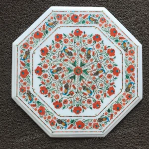 Table Top Marble Inlay White Makrana with Rose and Peacock Design