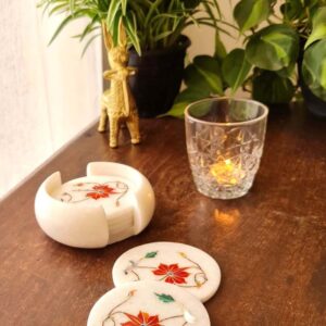 Marble Tea coffee Coasters Set (6 coasters & 1 holder) Inlaid With Semi Precious Stones Valentine’s Day Gifts Art , wine,coffee coaster