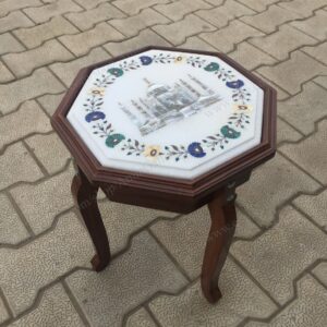 Marble Inlay Taj Mahal Design Table Top White Marble