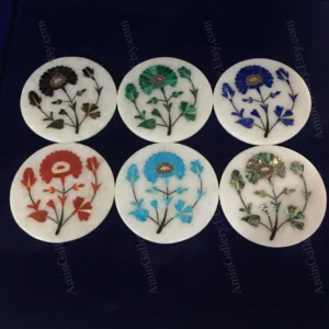 Coaster Set Inlaid in Six Colors with Lotus Design