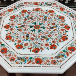 Table Top Marble Inlay White Makrana with Rose and Peacock Design