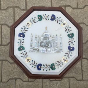 Marble Inlay Taj Mahal Design Table Top White Marble