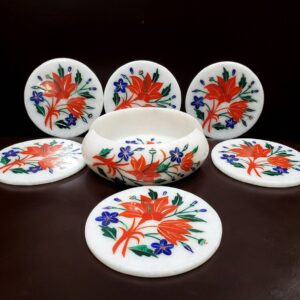 Hand crafted marble coasters with floral inlay work, pietra dura coaster set, Marble Inlay art,  India home décor, round coasters, home gift