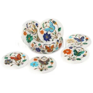 White Marble Coasters 6 pcs set with Holder Lapis semi precious stone Inlaid exclusive home decorative Coaster  Friendship Day Gifts