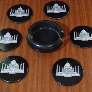 Black Marble Coaster Set / Taj Mahal Design / Christmas Gift / Birthday Gift / Round Shape