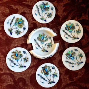 Marble coaster set with floral inlay work,Handmade white marble coasters, art home décor round coasters, home gift